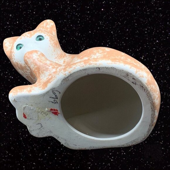 Vintage ELPA Alcobaca Orange White Cat Handpainted Ceramic Green Eye 6”T 7”W - Picture 6 of 8
